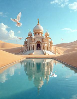 The primary subject of the image is a large, ornate white building with a dome, which appears to be a palace or a mosque. The building is situated in a desert environment, with sand surrounding it. The visual style of the image is a digital art or illustration, creating a surreal and fantastical atmosphere. The colors and mood of the image are predominantly white and neutral, with a touch of warmth from the sand and the sunlight.